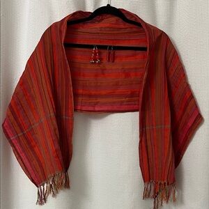 Mother’s Day Easter 3 pc Gift Set Woven Stripe Shawl Red Orange 2 pairs earrings